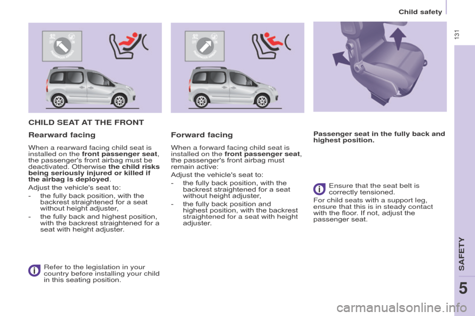 Citroen BERLINGO MULTISPACE 2015 2.G User Guide Berlingo-2-VP_en_Chap05_Securite_ed01-2015
 131
CHILD SEAT AT   THE   FRONT
Refer to the legislation in your 
country before installing your child 
in
  this   seating   position.
Rearward facing F