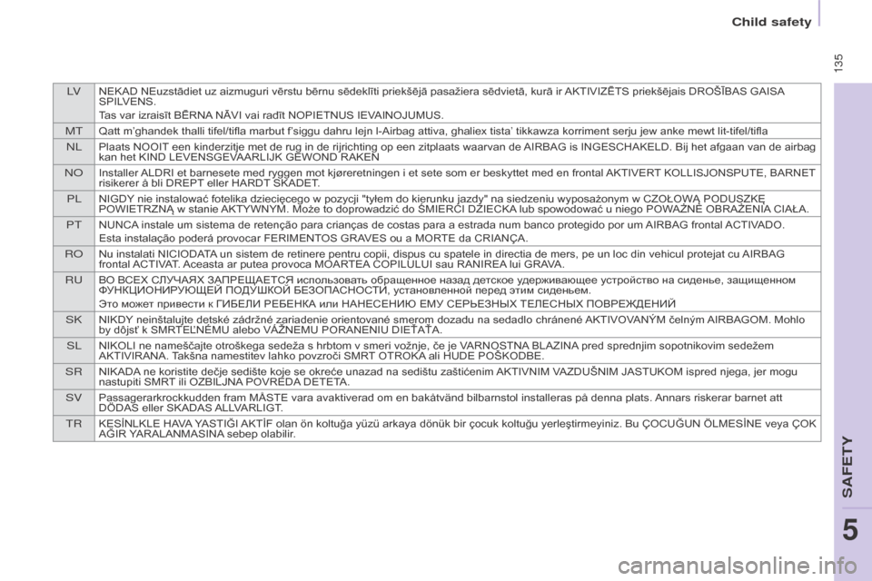 Citroen BERLINGO MULTISPACE 2015 2.G User Guide LVNEKAD NEuzstādiet uz aizmuguri vērstu bērnu sēdeklīti priekšējā pasažiera sēdvietā, kurā ir AKTIVIZĒTS  priekšējais   DROŠĪBAS   GAISA SPIL
VENS.
Tas
  var   izrai