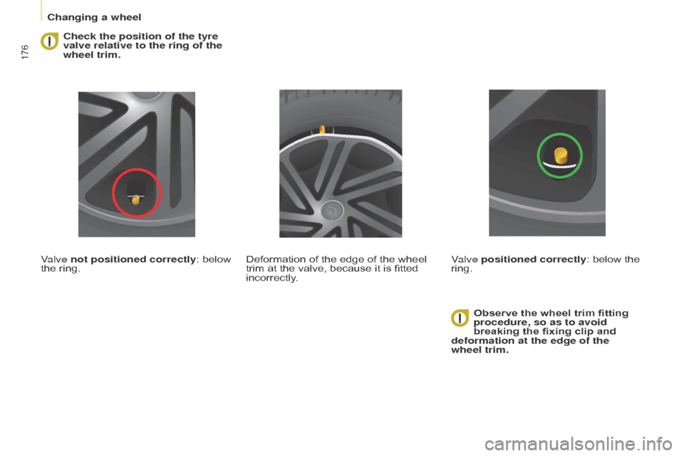 Citroen BERLINGO MULTISPACE 2015 2.G Owners Manual 176
Berlingo-2-VP_en_Chap08_aide-rapide_ed01-2015Berlingo-2-VP_en_Chap08_aide-rapide_ed01-2015
Check the position of the tyre
valve relative to the ring of the
wheel trim.
Valve not positioned corre Citroen BERLINGO MULTISPACE 2015 2.G Owners Manual 176
Berlingo-2-VP_en_Chap08_aide-rapide_ed01-2015Berlingo-2-VP_en_Chap08_aide-rapide_ed01-2015
Check the position of the tyre
valve relative to the ring of the
wheel trim.
Valve not positioned corre