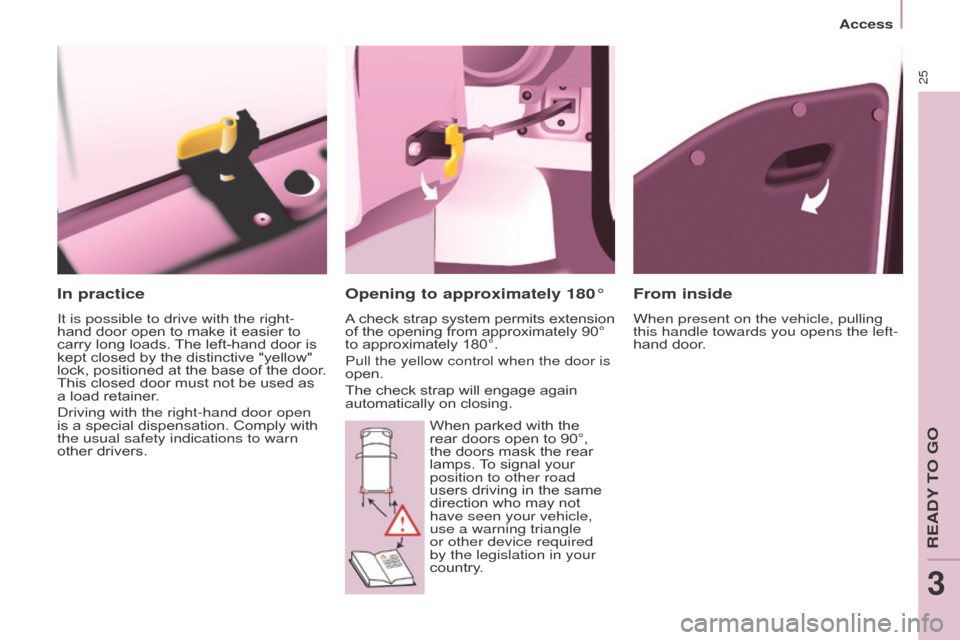 Citroen BERLINGO MULTISPACE 2015 2.G Owners Manual 25
Berlingo-2-VP_en_Chap03_Pret-a-partir_ed01-2015
In practice
It is possible to drive with the right-
hand  door   open   to   make   it   easier   to  
carry

  long   loads.  
The
   le