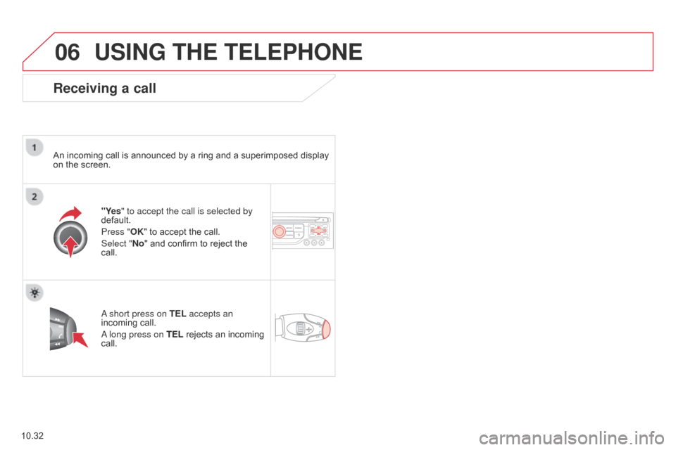 Citroen BERLINGO MULTISPACE RHD 2015 2.G Service Manual 06
10.32
Berlingo_2_VP_en_Chap10b_RT6-2-8_ed02-2014
uSInG tHE tELEPHOnE
receiving a call
An incoming call is announced by a ring and a superimposed display on the screen.
"Yes" to acc Citroen BERLINGO MULTISPACE RHD 2015 2.G Service Manual 06
10.32
Berlingo_2_VP_en_Chap10b_RT6-2-8_ed02-2014
uSInG tHE tELEPHOnE
receiving a call
An incoming call is announced by a ring and a superimposed display on the screen.
"Yes" to acc