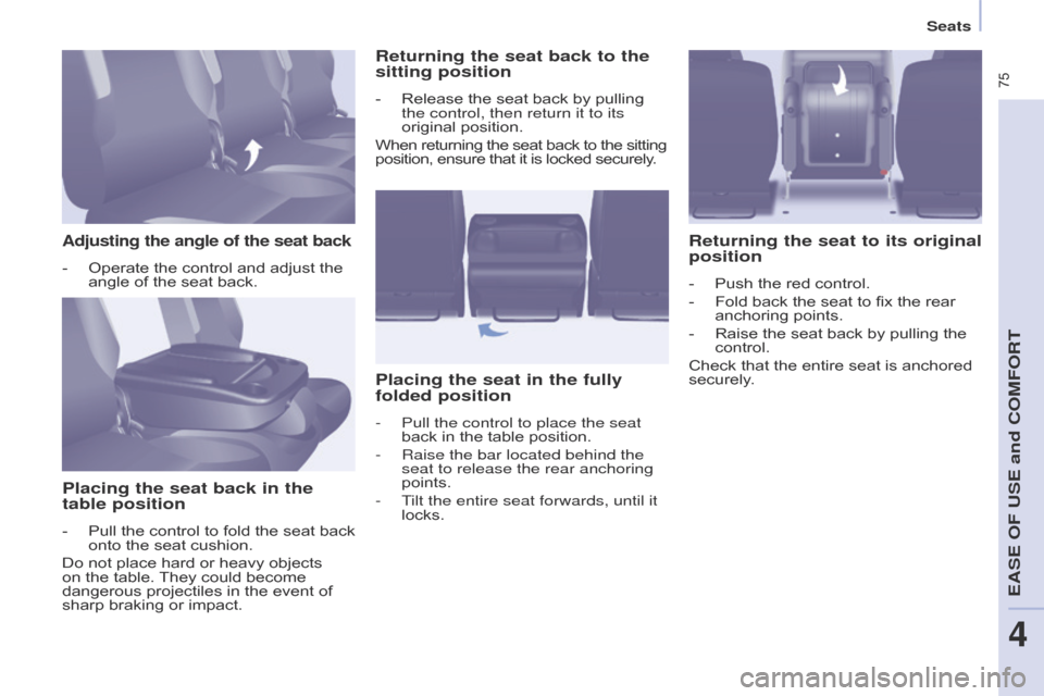 Citroen BERLINGO MULTISPACE RHD 2015 2.G Owners Manual Berlingo_2_VP_en_Chap04_Ergonomie_ed02-2014
 75
Adjusting the angle of the seat back
- Operate  the   control   and   adjust   the  angle
  of   the   seat   back.
Placing the seat back in