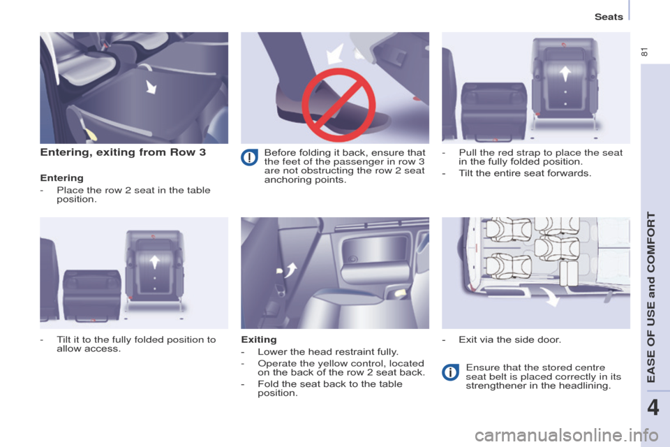 Citroen BERLINGO MULTISPACE RHD 2015 2.G Owners Manual Berlingo_2_VP_en_Chap04_Ergonomie_ed02-2014
 81
Entering, exiting from row 3
Entering
- 
Place the row 2 seat in the table 
position.
Exiting
-

 
Lower
   the   head   restraint   fully.
-
  o p