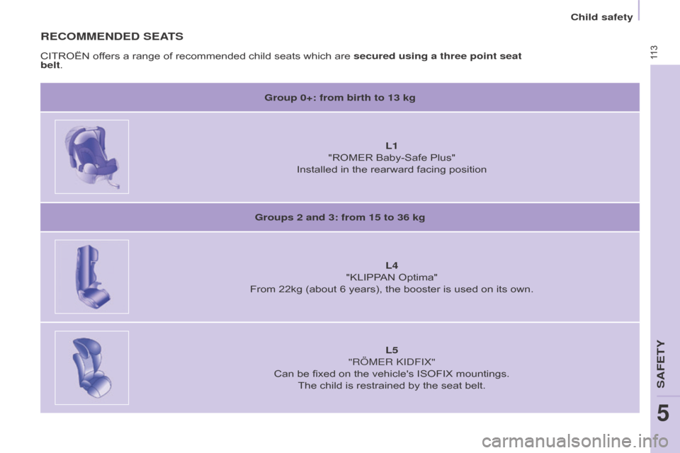 Citroen BERLINGO 2015 2.G Owners Manual 11 3
BERLInGO-2-VU_En_CHAP05_SECURITE_ED01-2015
BERLInGO-2-VU_En_CHAP05_SECURITE_ED01-2015
RECOMMEnDED SEATS
Group 0+: from birth to 13 kgL1
"ROMER Baby-Safe Plus"
Installed in the rearward facing po Citroen BERLINGO 2015 2.G Owners Manual 11 3
BERLInGO-2-VU_En_CHAP05_SECURITE_ED01-2015
BERLInGO-2-VU_En_CHAP05_SECURITE_ED01-2015
RECOMMEnDED SEATS
Group 0+: from birth to 13 kgL1
"ROMER Baby-Safe Plus"
Installed in the rearward facing po