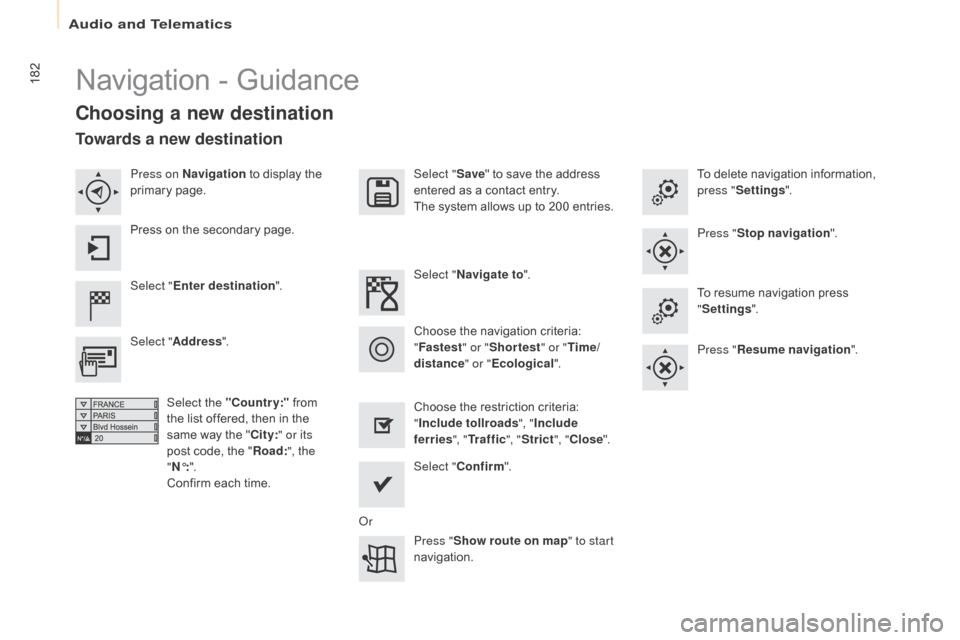 Citroen BERLINGO 2015 2.G Owners Guide 182
Berlingo-2-VU_en_Chap10a_SMEGplus_ed01-2015
Navigation - Guidance
Choosing a new destination
Select "Enter destination ". Select "
Save" to save the address 
entered as a contact entry.
The system