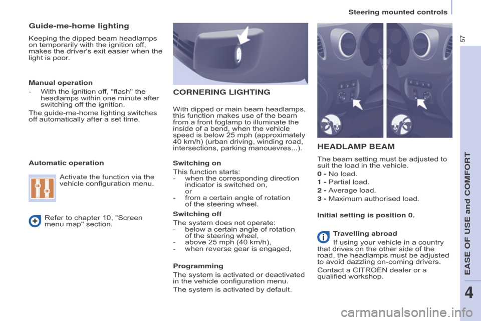 Citroen BERLINGO 2015 2.G Workshop Manual 57
Berlingo-2-VU_en_Chap04_Ergonomie_ed01-2015
Guide-me-home lighting
Keeping the dipped beam headlamps 
on temporarily with the ignition off, 
makes the drivers exit easier when the 
light is poor.
