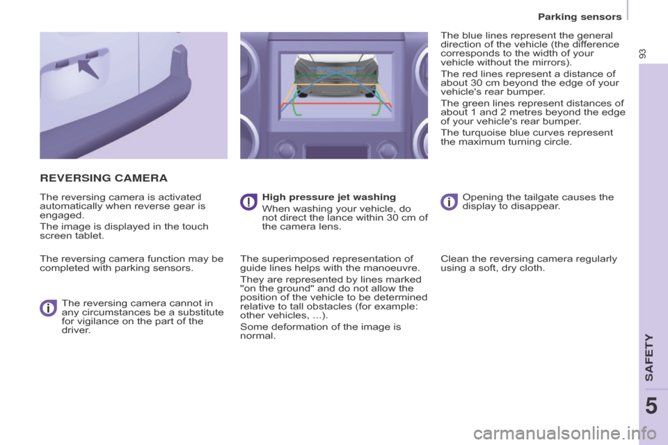 Citroen BERLINGO 2015 2.G Owners Manual 93
BERLInGO-2-VU_En_CHAP05_SECURITE_ED01-2015
REVERSInG CAMERA
The reversing camera is activated 
automatically when reverse gear is 
engaged.
The image is displayed in the touch 
screen tablet.
The r