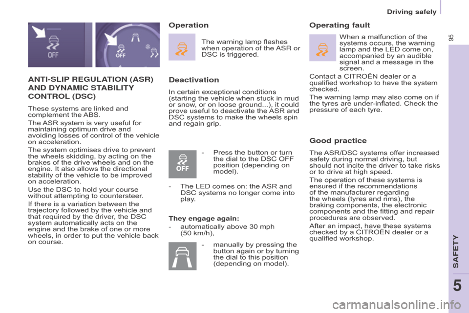 Citroen BERLINGO 2015 2.G Owners Manual 95
BERLInGO-2-VU_En_CHAP05_SECURITE_ED01-2015
AnTI-SLIP REGULATIO n (ASR) 
A

n D   DY n AMIC   STABILITY
 
CO

n TROL
 (DSC)
These systems are linked and 
complement the ABS.
The ASR system is very u