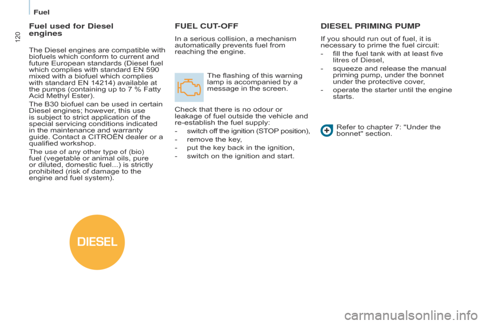 Citroen BERLINGO RHD 2015 2.G Owners Manual DIESEL
120
Berlingo-2-VU_en_Chap07_Verification_ed02-2014
FUEL CUT-OFF
In a serious collision, a mechanism 
automatically prevents fuel from 
reaching the engine.The flashing of this warning 
lamp is 