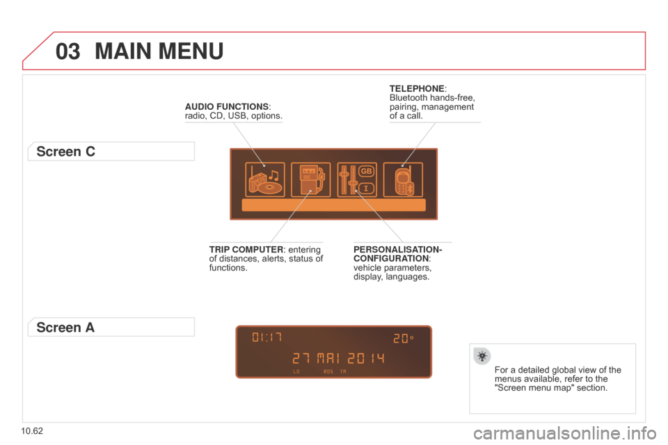 Citroen BERLINGO RHD 2015 2.G Owners Manual 03
10.62
Berlingo-2-VU_en_Chap10c_RD45_ed02_2014
MAIN MENU
AUDIO FUNCTIONS: 
radio, CD, USB, options.
Screen C
For a detailed global view of the 
menus available, refer to the 
"Screen menu map" secti