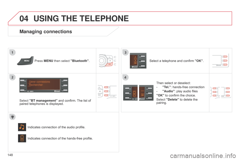 Citroen C ZERO 2015 1.G Owners Manual
04
148
C-Zero_en_Chap11b_RDE2_ed01-2014
USING THE TELEPHONE
Press MENU then select "Bluetooth".
Select "BT management" and confirm. The list of
paired telephones is displayed.
Indicates connection Citroen C ZERO 2015 1.G Owners Manual
04
148
C-Zero_en_Chap11b_RDE2_ed01-2014
USING THE TELEPHONE
Press MENU then select "Bluetooth".
Select "BT management" and confirm. The list of
paired telephones is displayed.
Indicates connection