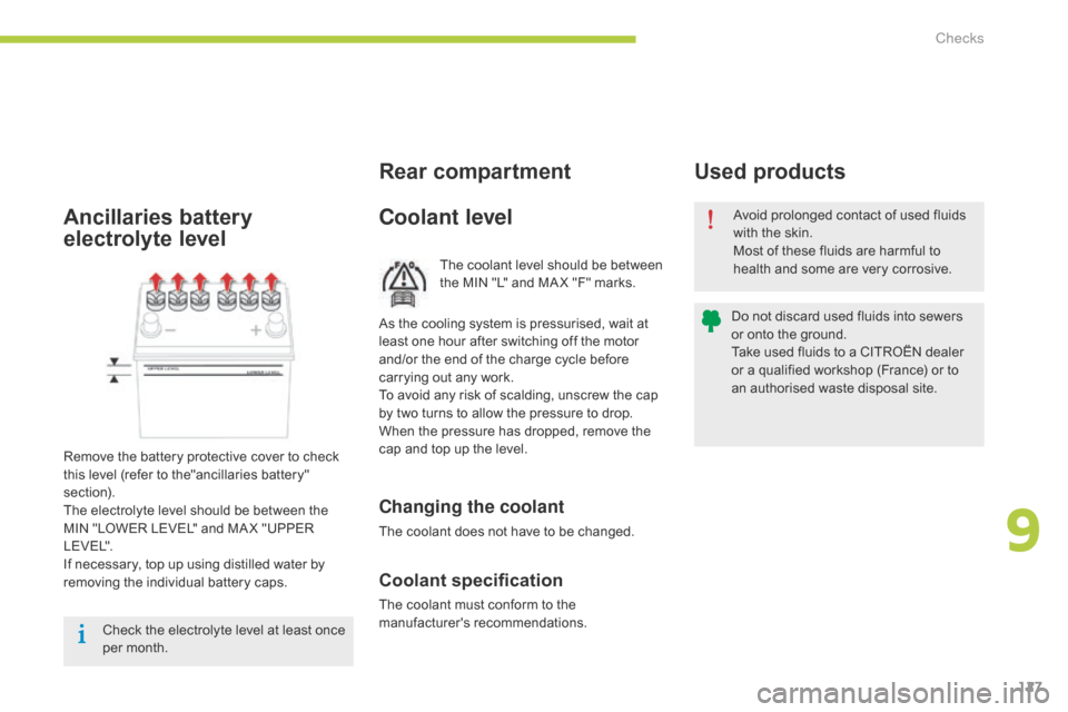 Citroen C ZERO RHD 2015 1.G Owners Manual 127
The coolant level should be between 
the MIN "L" and MA X "F" marks.
Coolant levelAvoid prolonged contact of used fluids 
with the skin.
Most of these fluids are harmful to 
health and some are ve