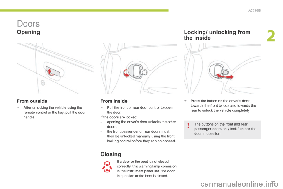 Citroen C ZERO RHD 2015 1.G Owners Guide 27
doors
From outside
F After unlocking the vehicle using the remote control or the key, pull the door 
handle.
From inside
F Pull the front or rear door control to open the door.
If the doors are loc