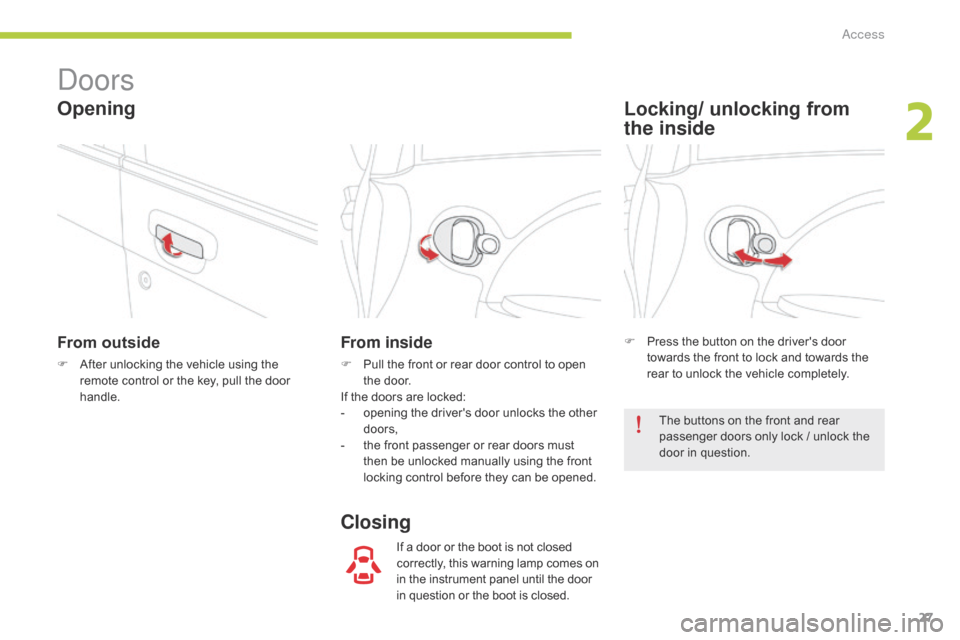 Citroen C ZERO RHD 2015 1.G Owners Manual 27
doors
From outside
F After unlocking the vehicle using the remote control or the key, pull the door 
handle.
From inside
F Pull the front or rear door control to open the door.
If the doors are loc