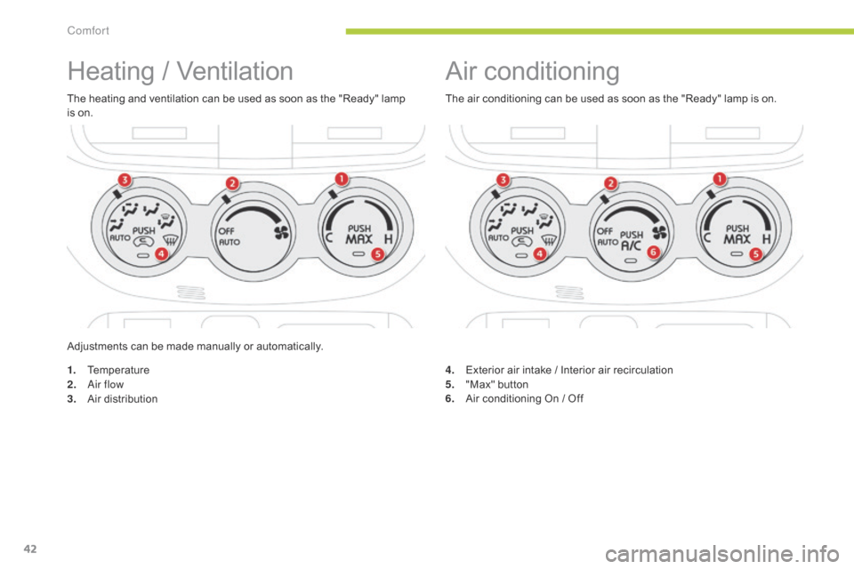 Citroen C ZERO RHD 2015 1.G Owners Manual 42
Air conditioning
The air conditioning can be used as soon as the "Ready" lamp is on.
Adjustments can be made manually or automatically.
Heating / Ventilation
The heating and ventilation can be used