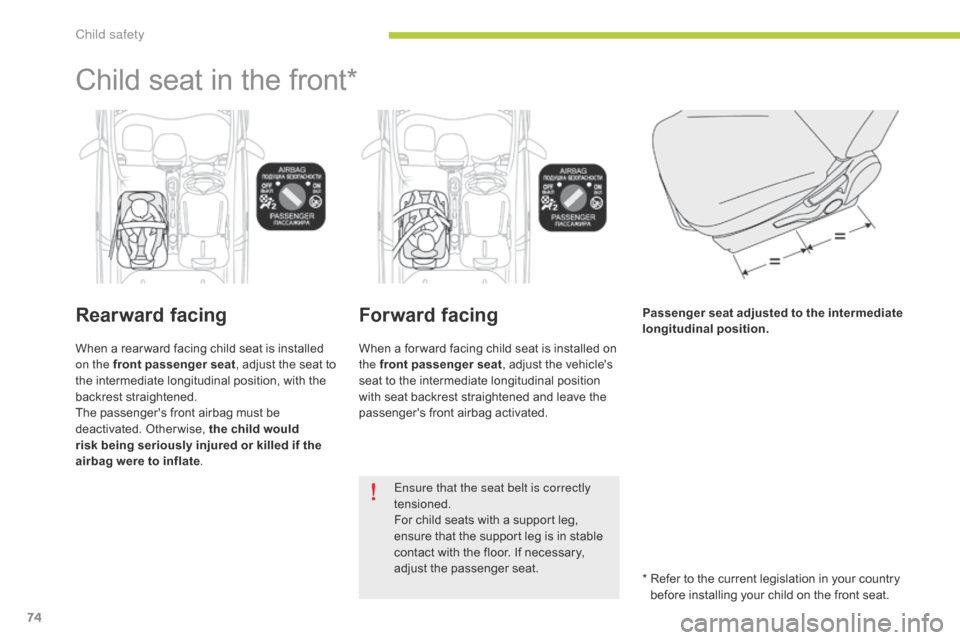 Citroen C ZERO RHD 2015 1.G Manual PDF 74
Child seat in the front*
Rearward facing
When a rear ward facing child seat is installed
on the front passenger seat, adjust the seat to
the intermediate longitudinal position, with the
backrest Citroen C ZERO RHD 2015 1.G Manual PDF 74
Child seat in the front*
Rearward facing
When a rear ward facing child seat is installed
on the front passenger seat, adjust the seat to
the intermediate longitudinal position, with the
backrest
