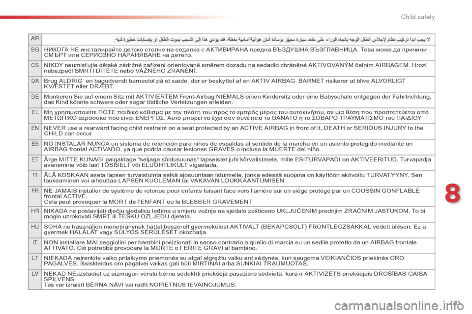 Citroen C1 2015 1.G Owners Manual 125
AR
BG
НИКОГА НЕ инсталирайте детско столче на седалка с АКТИВИРАНА предна ВЪЗДУШНА ВЪЗГЛАВНИЦ А. Това може да