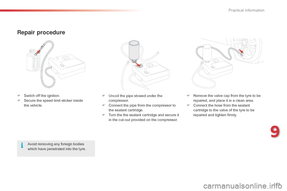 Citroen C1 2015 1.G Owners Manual 139
C1_en_Chap09_info-pratiques_ed01-2015
F Uncoil the pipe stowed under the compressor.
F
C
onnect the pipe from the compressor to
the sealant cartridge.
F
T
urn the the sealant cartridge and Citroen C1 2015 1.G Owners Manual 139
C1_en_Chap09_info-pratiques_ed01-2015
F Uncoil the pipe stowed under the compressor.
F
C
onnect the pipe from the compressor to
the sealant cartridge.
F
T
urn the the sealant cartridge and