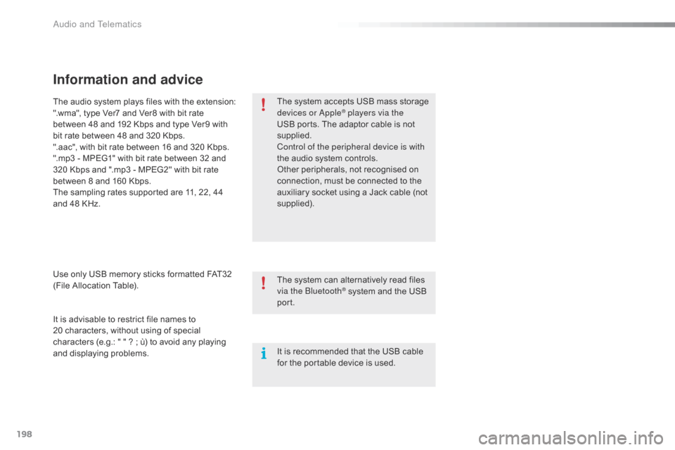 Citroen C1 2015 1.G Owners Manual 198
C1_en_Chap12a_Autoradio_Toyota_tactile-1_ed01-2015
Information and advice
The system accepts USB mass storage 
devices or Apple® players via the 
USB ports. The adaptor cable is not 
supplied.
Co