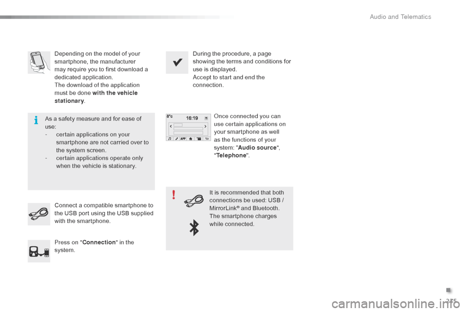 Citroen C1 2015 1.G Owners Manual 215
C1_en_Chap12a_Autoradio_Toyota_tactile-1_ed01-2015
Depending on the model of your 
smartphone, the manufacturer 
may require you to first download a 
dedicated application.
The download of the app