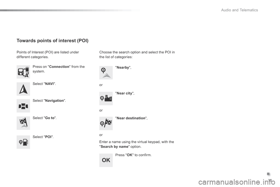 Citroen C1 2015 1.G Owners Manual .
 Audio and Telematics 11
c1-108-post-it-web_en_chap12a_complementnav_toyota_tactile-1_ed01-2015
  Select  " N AV I ".  
  Select  " Go to ".  
  Press  on  " Connection " from the system.  
  Select