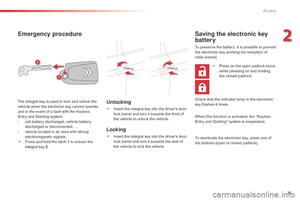 Citroen C1 2015 1.G Owners Guide 35
C1_en_Chap02_ouvertures_ed01-2015
Emergency procedure
Unlocking
F Insert the integral key into the drivers door lock barrel and turn it towards the front of 
the vehicle to unlock the vehicle.
Loc