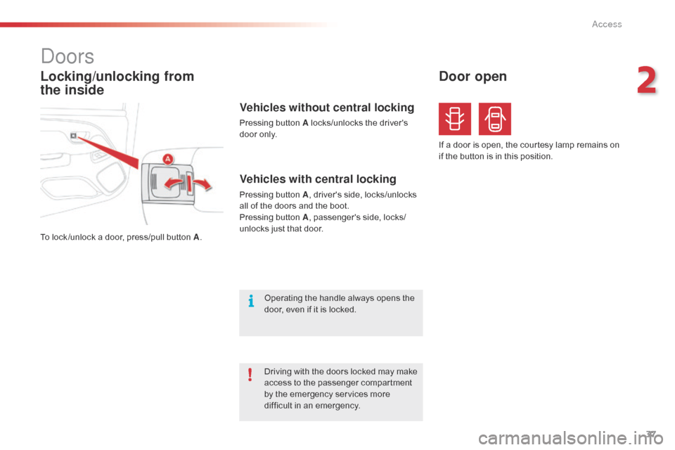 Citroen C1 2015 1.G User Guide 37
C1_en_Chap02_ouvertures_ed01-2015
Locking/unlocking from  
the inside
Doors
To lock /unlock a door, press/pull button A.
Vehicles with central locking
Pressing button A, drivers side, locks/unlock