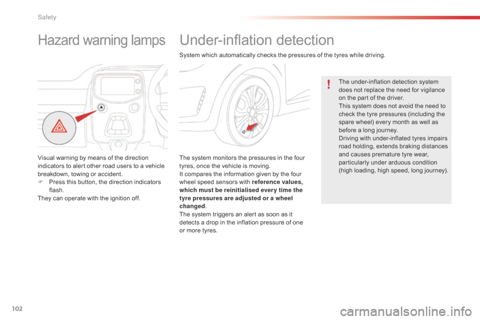 Citroen C1 RHD 2015 1.G Owners Manual 102
Under-inflation detection
The system monitors the pressures in the four 
tyres, once the vehicle is moving.
It compares the information given by the four 
wheel speed sensors with reference values