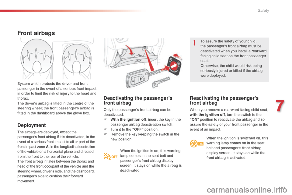 Citroen C1 RHD 2015 1.G Owners Manual 117
Deactivating the passengers 
front airbag
Only the passengers front airbag can be 
deactivated.
F 
W
 ith the ignition off , insert the key in the 
passenger airbag deactivation switch.
F
 
T
 u