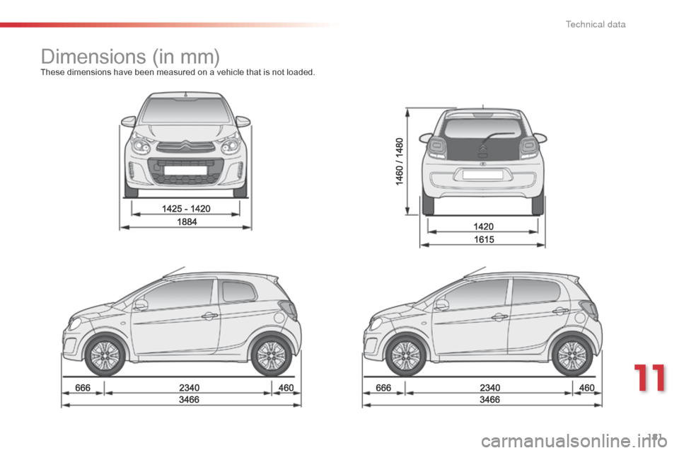 Citroen C1 RHD 2015 1.G Owners Manual 181
Dimensions (in mm)These dimensions have been measured on a vehicle that is not loaded.
11 
T  