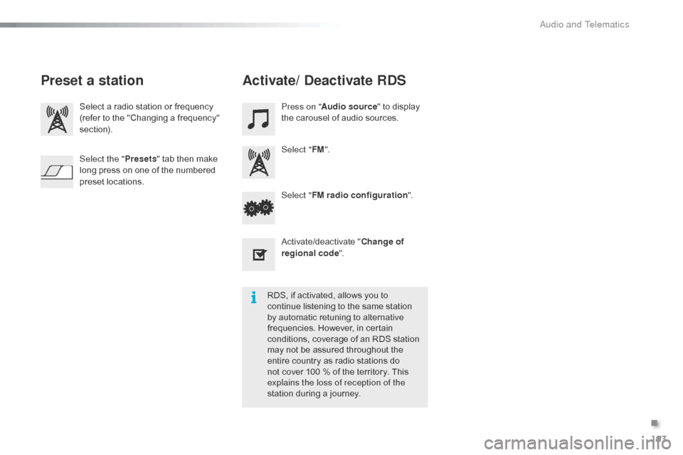 Citroen C1 RHD 2015 1.G Owners Manual 193
Select a radio station or frequency
(refer to the "Changing a frequency" 
section).Press on "
Audio source " to display 
the carousel of audio sources.
Select " FM".
Select " FM radio configuratio