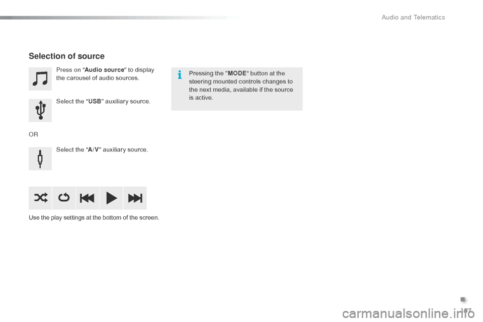 Citroen C1 RHD 2015 1.G Owners Manual 197
Press on "Audio source " to display
the carousel of audio sources.
Select the " USB" auxiliary source.
Select the " A/V" auxiliary source.
Use the play settings at the bottom of the screen.
Selec Citroen C1 RHD 2015 1.G Owners Manual 197
Press on "Audio source " to display
the carousel of audio sources.
Select the " USB" auxiliary source.
Select the " A/V" auxiliary source.
Use the play settings at the bottom of the screen.
Selec