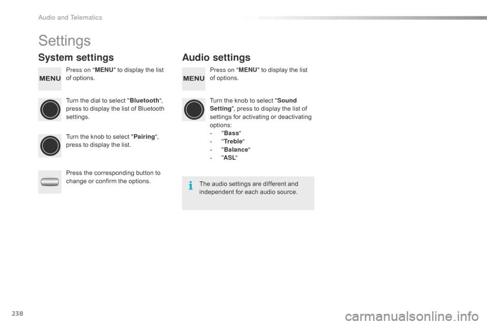 Citroen C1 RHD 2015 1.G Owners Manual 238
Settings
System settingsAudio settings
Press on "MENU" to display the list 
of options. Press on "
MENU" to display the list 
of options.
Turn the dial to select " Bluetooth", 
press to display th