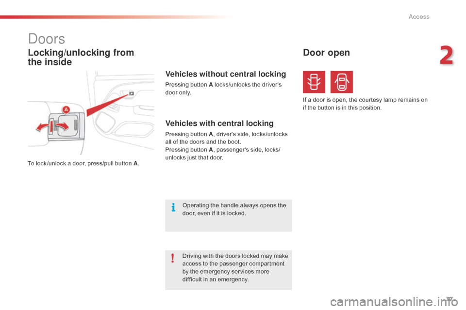 Citroen C1 RHD 2015 1.G Owners Manual 37
Locking/unlocking from  
the inside
Doors
To lock /unlock a door, press/pull button A.
Vehicles with central locking
Pressing button A, drivers side, locks/unlocks 
all of the doors and the boot.
