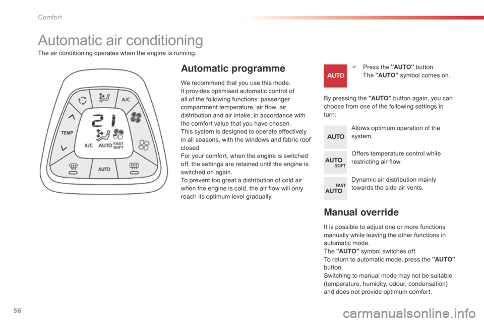 Citroen C1 RHD 2015 1.G Owners Manual 56
Manual override
It is possible to adjust one or more functions 
manually while leaving the other functions in 
automatic mode.
The "AUTO" symbol switches off.
To return to automatic mode, press the