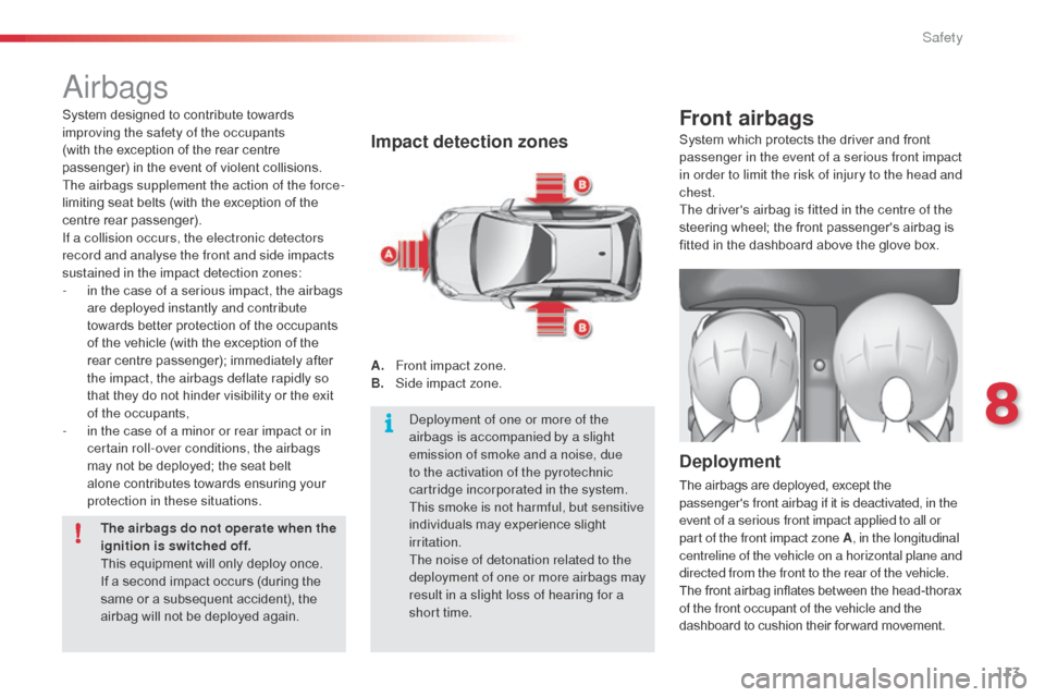 Citroen C3 2015 2.G User Guide 113
airbags
Impact detection zones
A. Front impact zone.
B. Side impact zone.
Front airbags
Deployment
The airbags are deployed, except the 
passengers front airbag if it is deactivated, in the 
even
