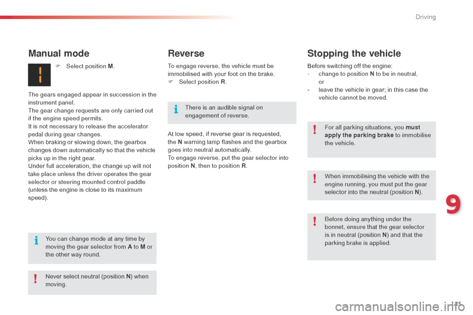 Citroen C3 2015 2.G Owners Manual 125
To engage reverse, the vehicle must be
immobilised with your foot on the brake.
F
Sel
ect position R .
At low speed, if reverse gear is requested,
the N warning lamp flashes and the gearbox
Citroen C3 2015 2.G Owners Manual 125
To engage reverse, the vehicle must be
immobilised with your foot on the brake.
F
Sel
ect position R .
At low speed, if reverse gear is requested,
the N warning lamp flashes and the gearbox