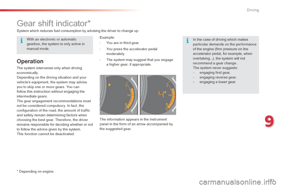 Citroen C3 2015 2.G Owners Manual 131
Gear shift indicator*
In the case of driving which makes
particular demands on the performance
of the engine (firm pressure on the
accelerator pedal, for example, when
overtaking...), the syst Citroen C3 2015 2.G Owners Manual 131
Gear shift indicator*
In the case of driving which makes
particular demands on the performance
of the engine (firm pressure on the
accelerator pedal, for example, when
overtaking...), the syst