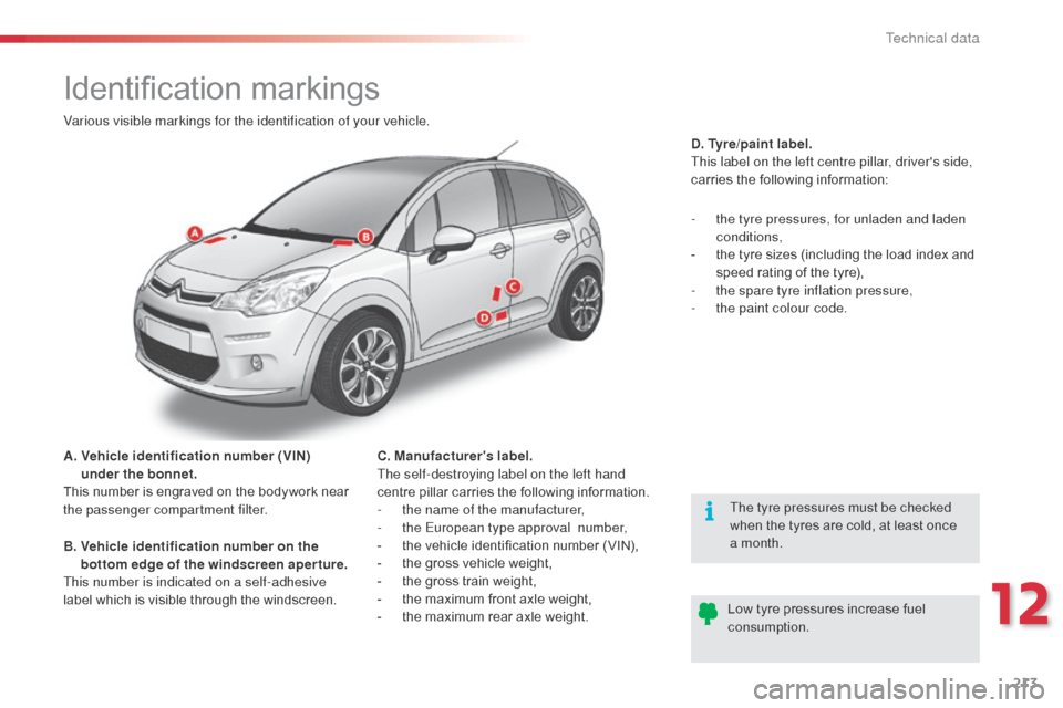 Citroen C3 2015 2.G Owners Manual 213
Identification markings
B.  Vehicle identification number on the bottom edge of the windscreen aper ture.
This number is indicated on a self-adhesive 
label which is visible through the windscreen