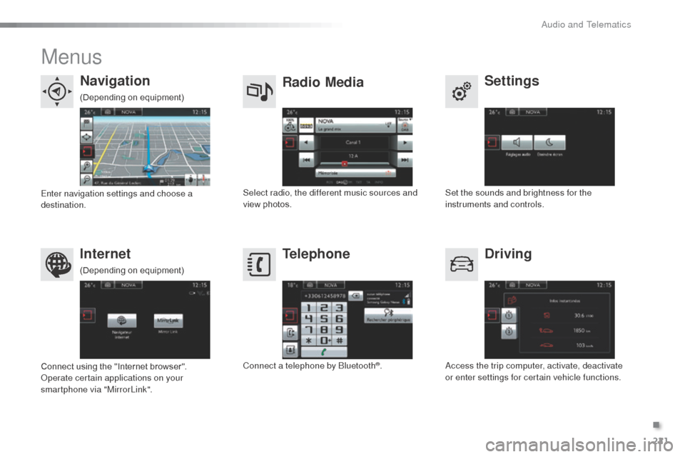 Citroen C3 2015 2.G Owners Manual 221
Menus
Settings
Radio Media
Navigation
Driving
Internet Telephone
Set the sounds and brightness for the 
instruments and controls.
Select radio, the different music sources and 
view photos.
Enter 