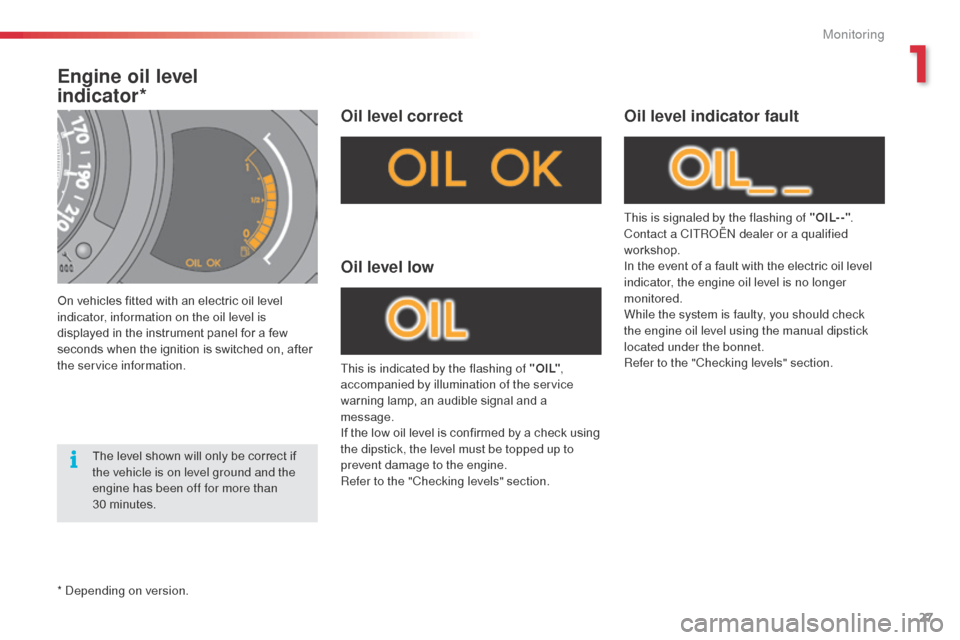 Citroen C3 2015 2.G Owners Manual 27
Engine oil level  
indicator*
On vehicles fitted with an electric oil level 
indicator, information on the oil level is 
displayed in the instrument panel for a few 
seconds when the ignition is sw