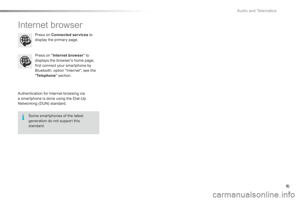 Citroen C3 2015 2.G Owners Manual .
 Audio and Telematics 3
Additif-2_en_web_AC-AP_SMEGplus_Services_connectes_ed01-2015
 Internet  browser 
  Authentication for Internet browsing via a smartphone is done using the Dial-Up Networking 