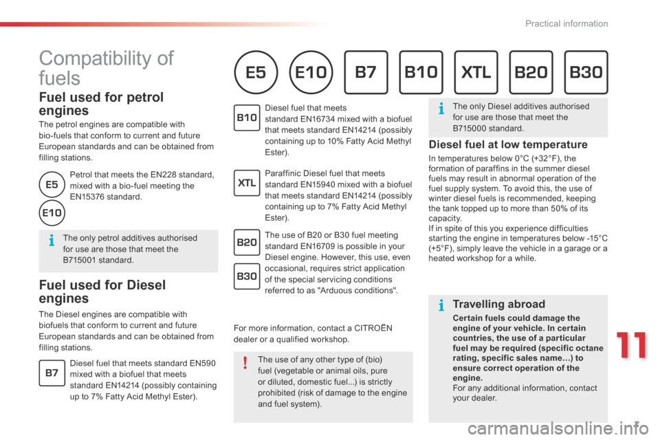 Citroen C3 2015 2.G Owners Manual 11
Practical information3
C3-additif_en_Chap11_Info-pratiques_ed01-2015
 Compatibility  of 
fuels 
          Fuel  used  for  petrol 
engines 
  The petrol engines are compatible with bio-fuels that c