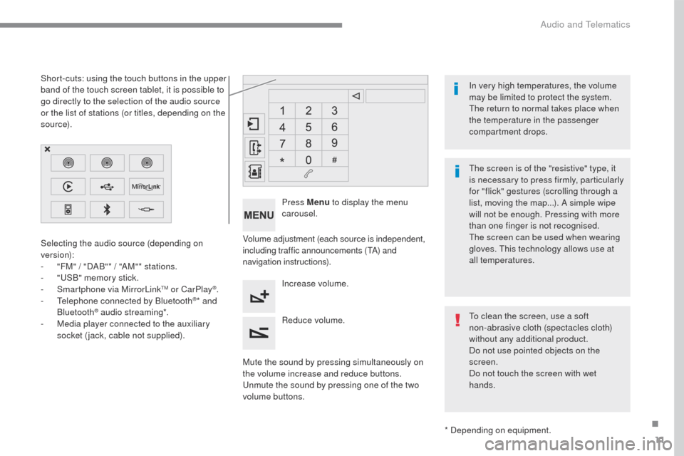 Citroen C3 2015 2.G User Guide 11
C3-additif_en_Chap13b_SMEGplus_ed01-2015
Volume adjustment (each source is independent,
including traffic announcements (TA) and
navigation instructions).
Mute the sound by pressing simultaneousl Citroen C3 2015 2.G User Guide 11
C3-additif_en_Chap13b_SMEGplus_ed01-2015
Volume adjustment (each source is independent,
including traffic announcements (TA) and
navigation instructions).
Mute the sound by pressing simultaneousl