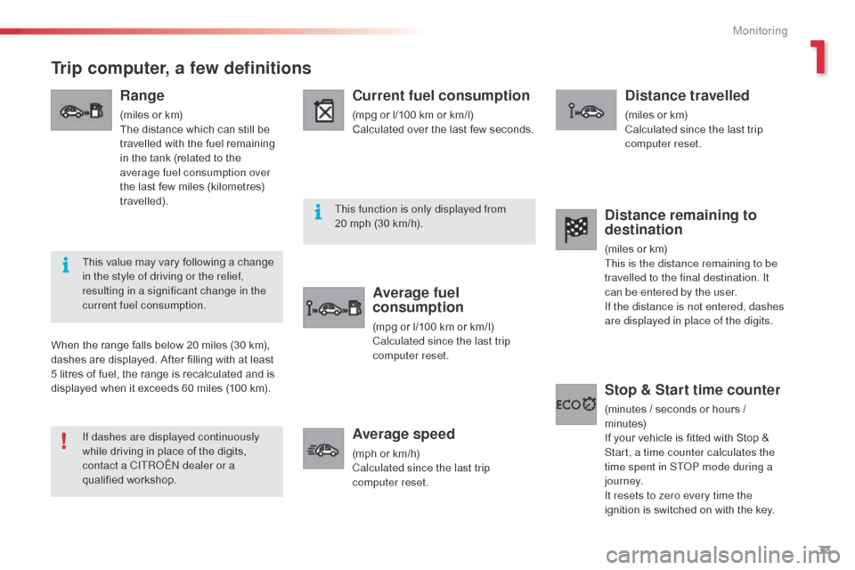 Citroen C3 2015 2.G Owners Manual 33
Trip computer, a few definitions
Range
(miles or km)
The distance which can still be 
travelled with the fuel remaining 
in the tank (related to the 
average fuel consumption over 
the last few mil