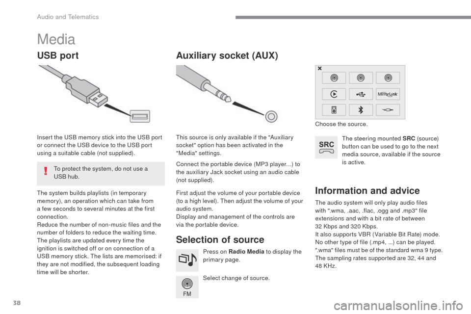 Citroen C3 2015 2.G Owners Manual 38
C3-additif_en_Chap13b_SMEGplus_ed01-2015
The audio system will only play audio files
with ".wma, .aac, .flac, .ogg and .mp3" file
extensions and with a bit rate of between
32 Kbps and 320 Kbps. Citroen C3 2015 2.G Owners Manual 38
C3-additif_en_Chap13b_SMEGplus_ed01-2015
The audio system will only play audio files
with ".wma, .aac, .flac, .ogg and .mp3" file
extensions and with a bit rate of between
32 Kbps and 320 Kbps.