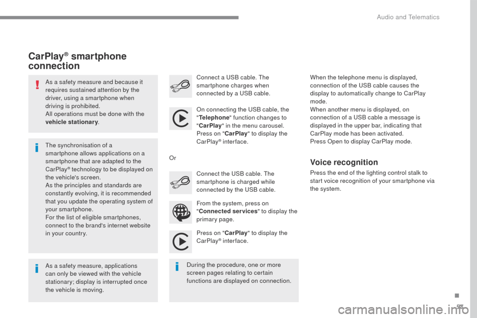 Citroen C3 2015 2.G Workshop Manual 53
C3-additif_en_Chap13b_SMEGplus_ed01-2015
As a safety measure and because it 
requires sustained attention by the 
driver, using a smartphone when 
driving is prohibited.
All operations must be done