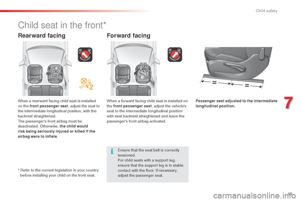 Citroen C3 2015 2.G Owners Manual 91
Forward facing
When a for ward facing child seat is installed on 
the front passenger seat, adjust the vehicles 
seat to the intermediate longitudinal position 
with seat backrest straightened and