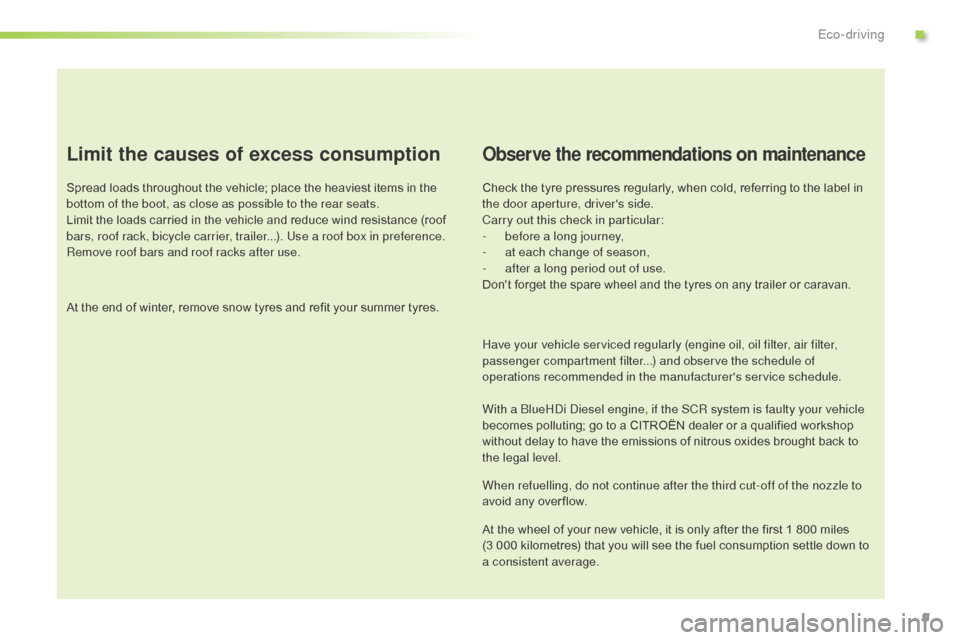 Citroen C3 RHD 2015 2.G User Guide 9
Limit the causes of excess consumption
Spread loads throughout the vehicle; place the heaviest items in the 
bottom of the boot, as close as possible to the rear seats.
Limit the loads carried in th