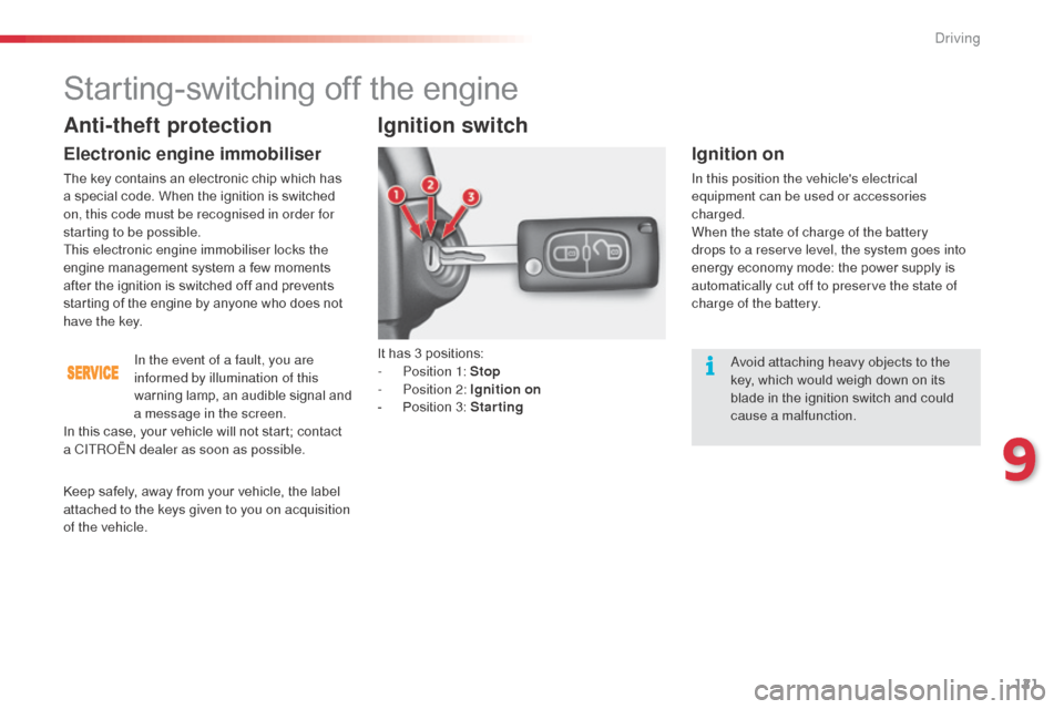 Citroen C3 RHD 2015 2.G Owners Manual 121
avoid attaching heavy objects to the
key, which would weigh down on its
blade in the ignition switch and could
cause a malfunction.
Anti-theft protection
Electronic engine immobiliser
The key c Citroen C3 RHD 2015 2.G Owners Manual 121
avoid attaching heavy objects to the
key, which would weigh down on its
blade in the ignition switch and could
cause a malfunction.
Anti-theft protection
Electronic engine immobiliser
The key c